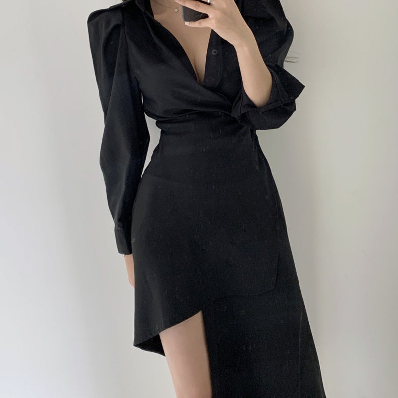 Temperament Lapel Waist Irregular Shirt Dress Women