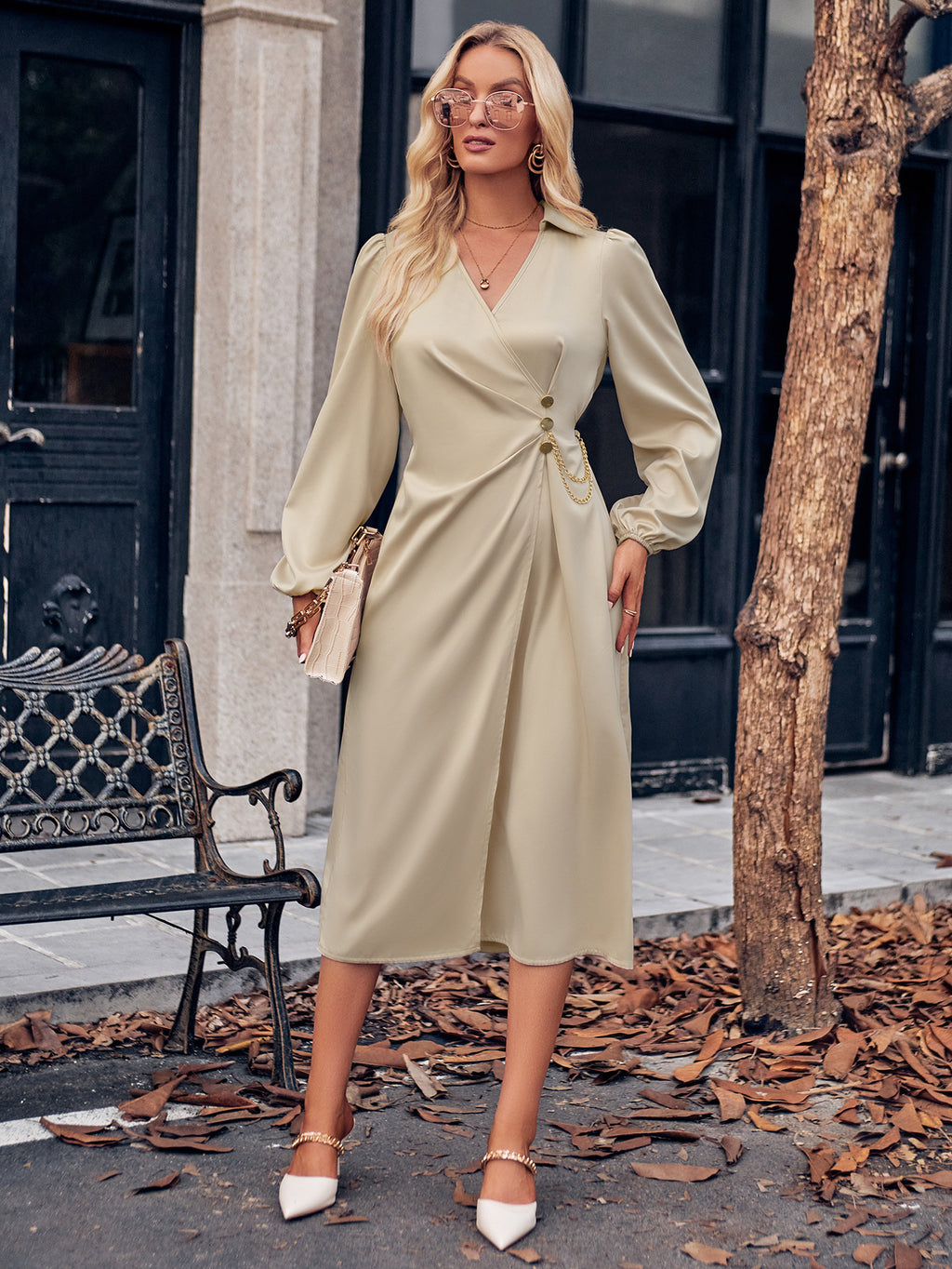 Leisure New V-neck Solid Color Tie Waist Long Sleeve Dress