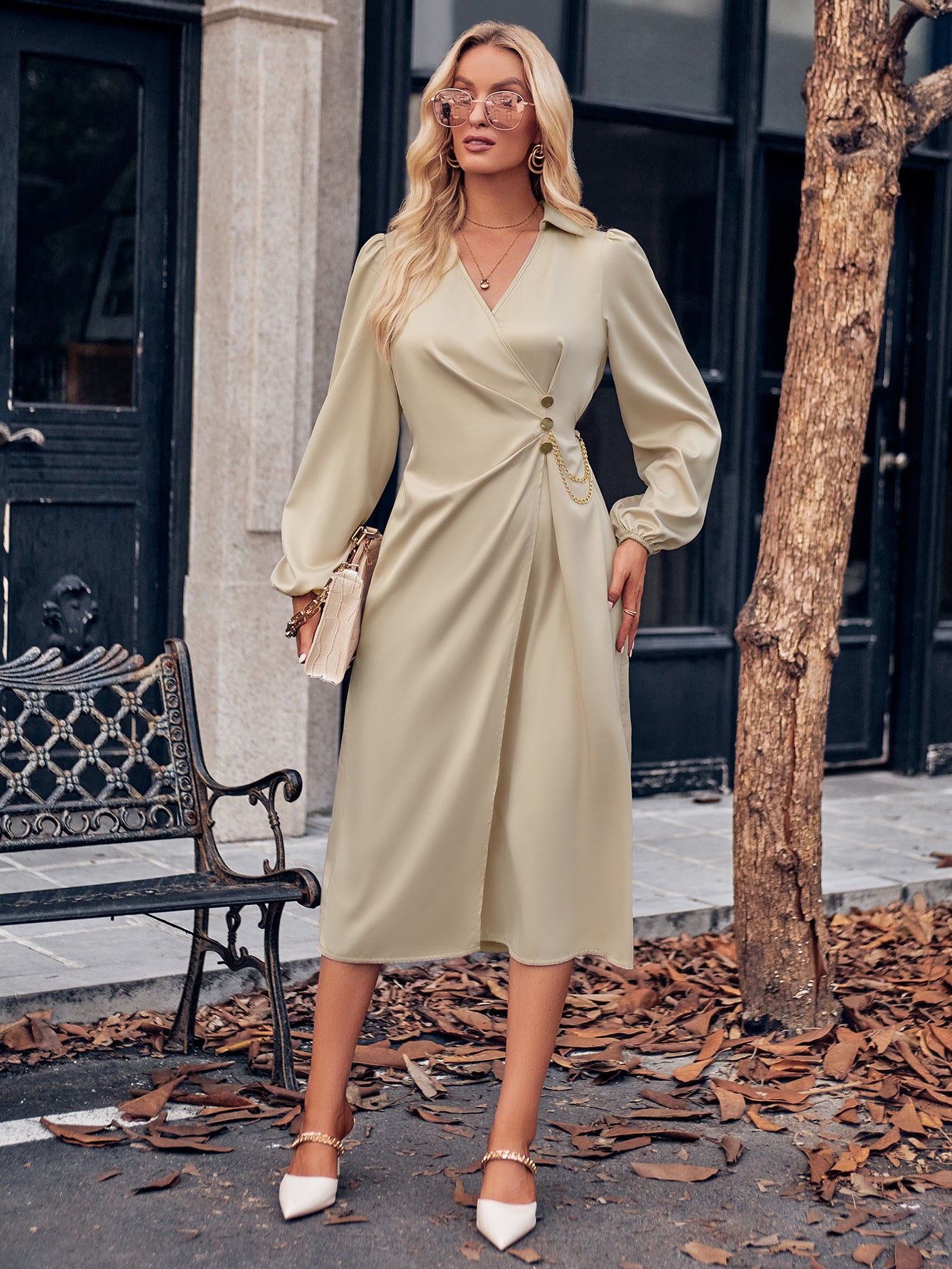 Leisure New V-neck Solid Color Tie Waist Long Sleeve Dress