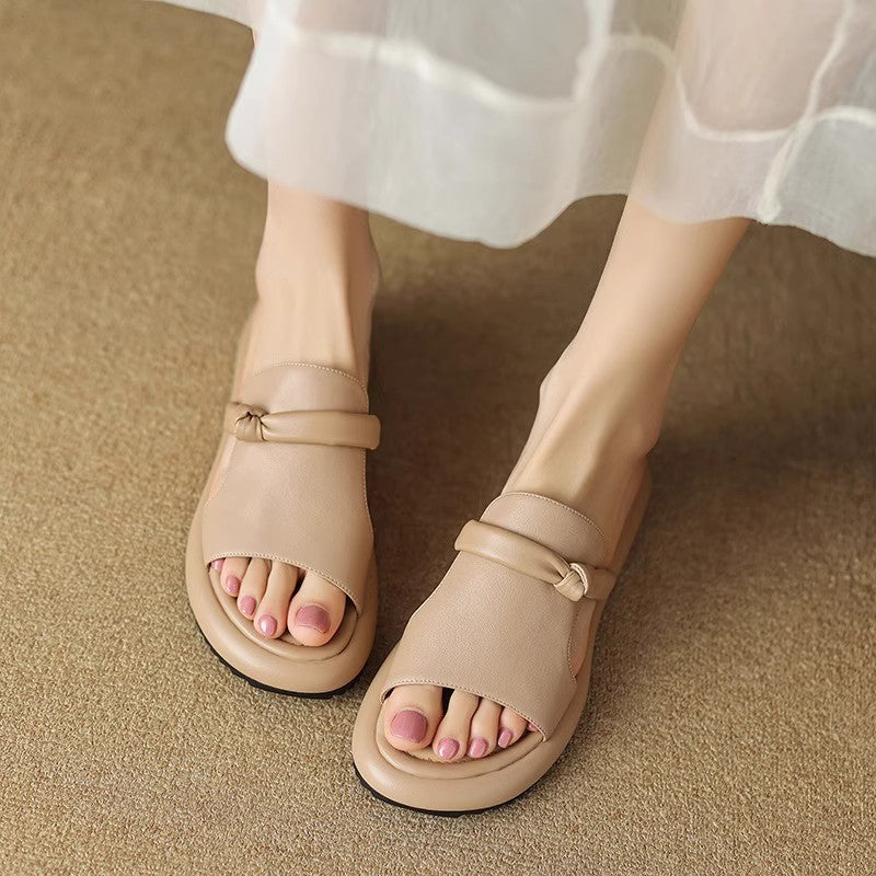 Soft Leather Open Toe Casual Slippers Women