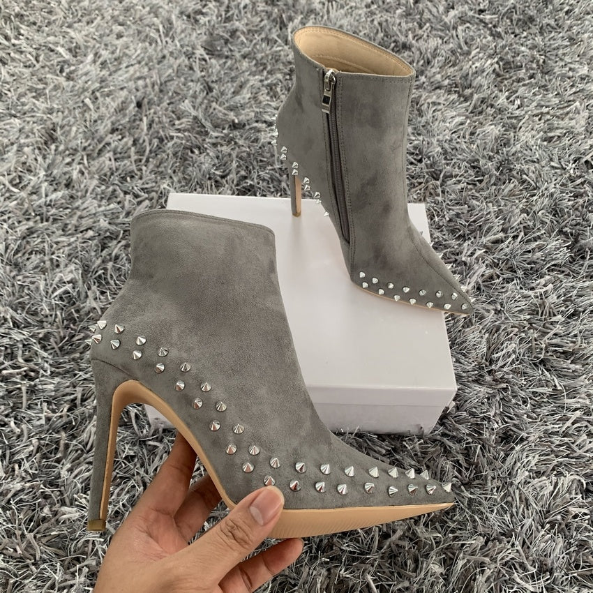 Suede Pointed Gray Rivets Women's Boots Side Zipper British Style Martin Boots