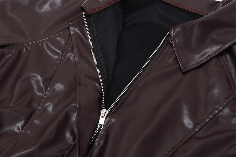 Elegant Retro Zipper PU Leather American Casual Jacket Coat