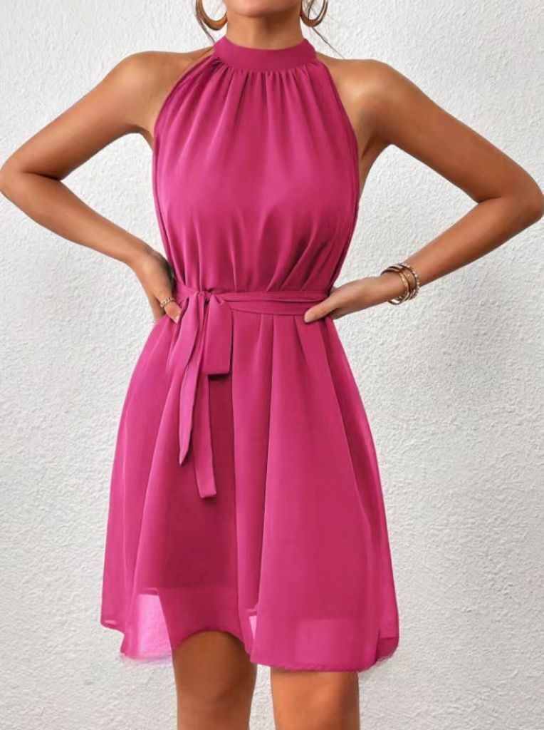 European And American Strapless Solid Color Chiffon High Waist Lace-up Dress Women