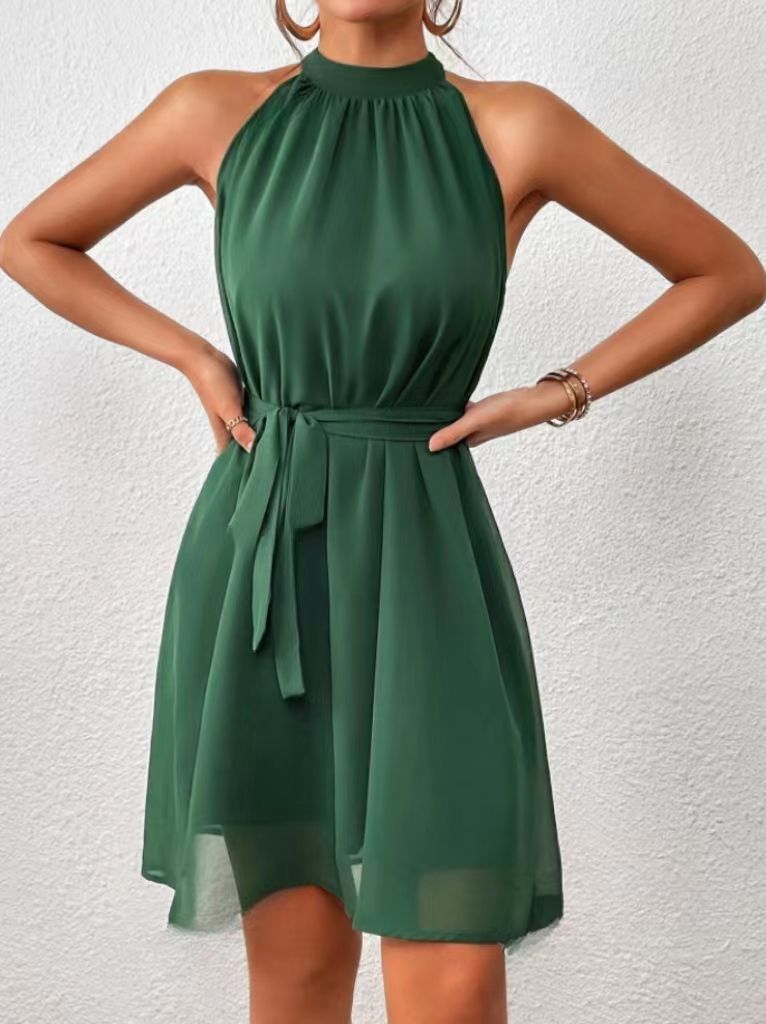 European And American Strapless Solid Color Chiffon High Waist Lace-up Dress Women