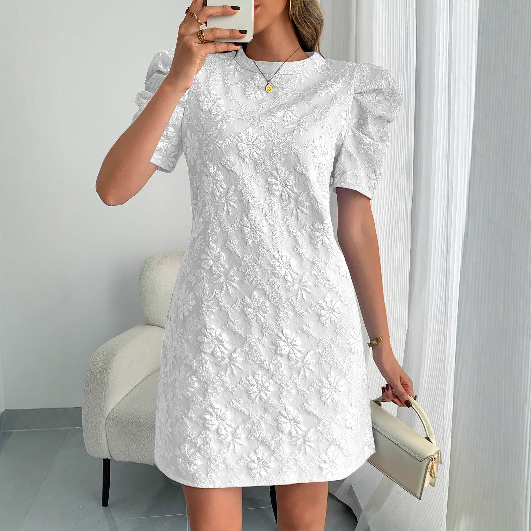 European And American Ladies Puff Sleeve Texture Jacquard Round Neck Retro Style Dress