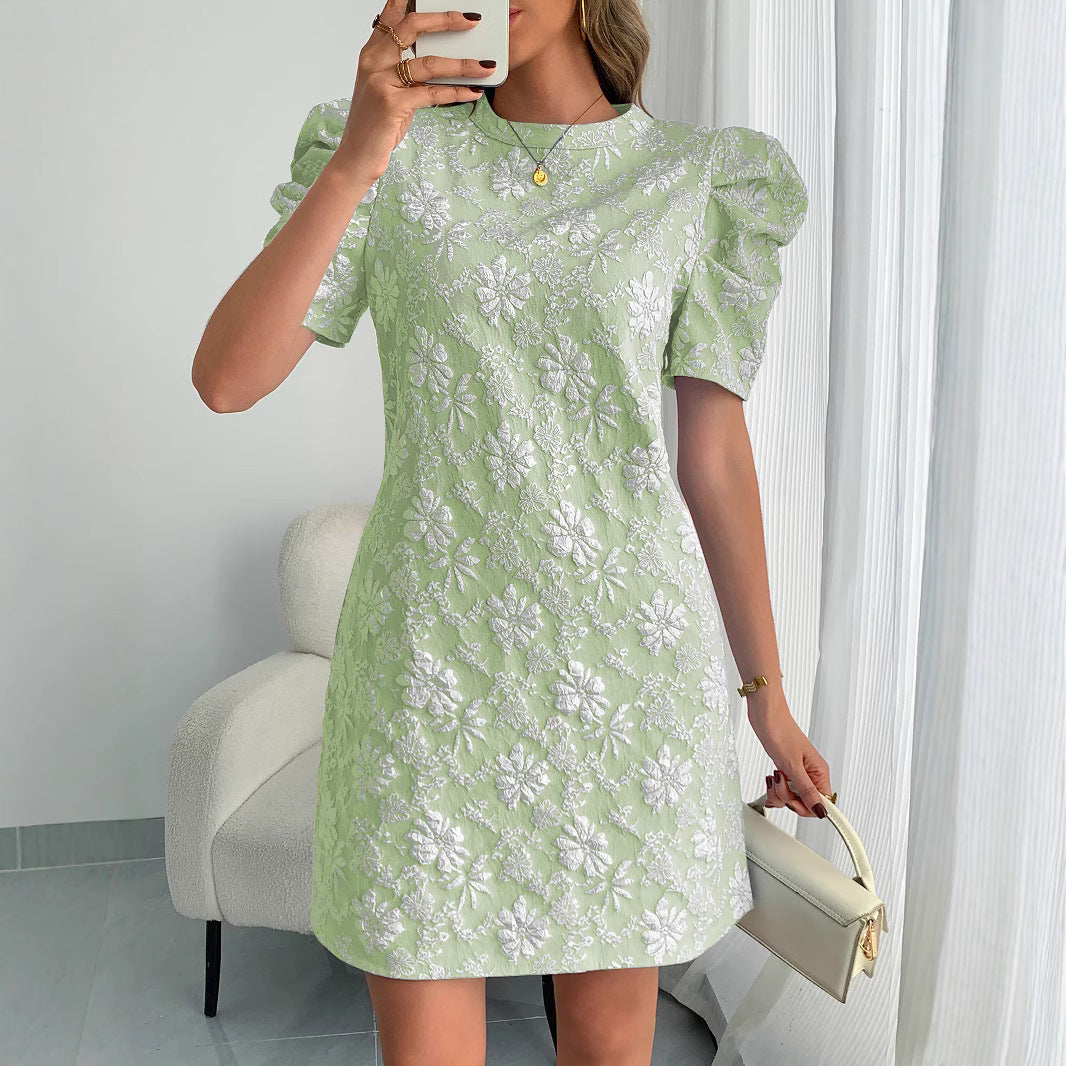 European And American Ladies Puff Sleeve Texture Jacquard Round Neck Retro Style Dress