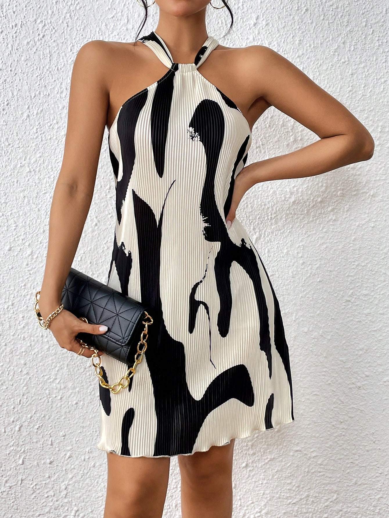 Women's Elegant Vacation Casual Backto School Pleated Halter Mini Dress