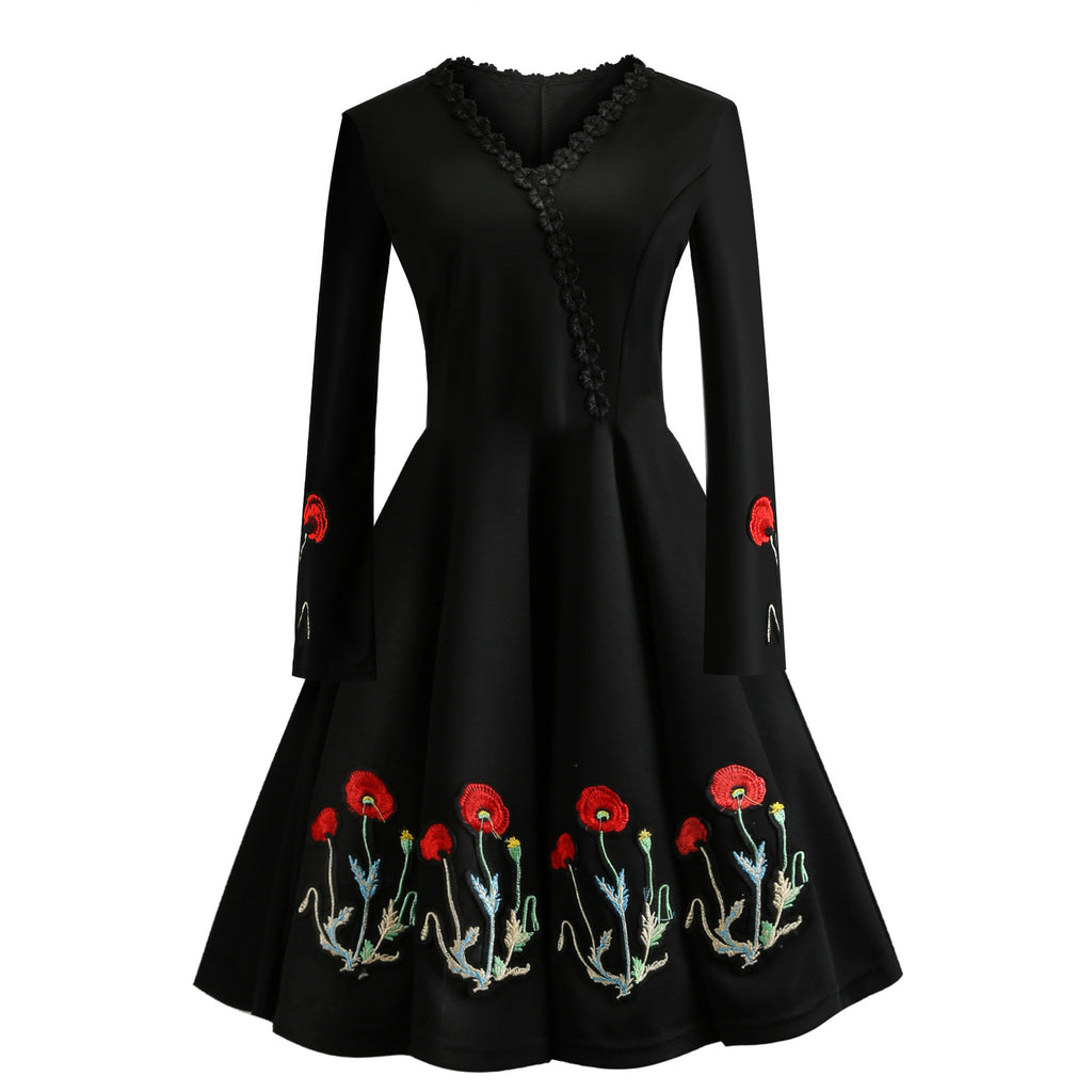 Autumn New Style Long-sleeved V-neck Embroidered Waist Slim Fit Dress