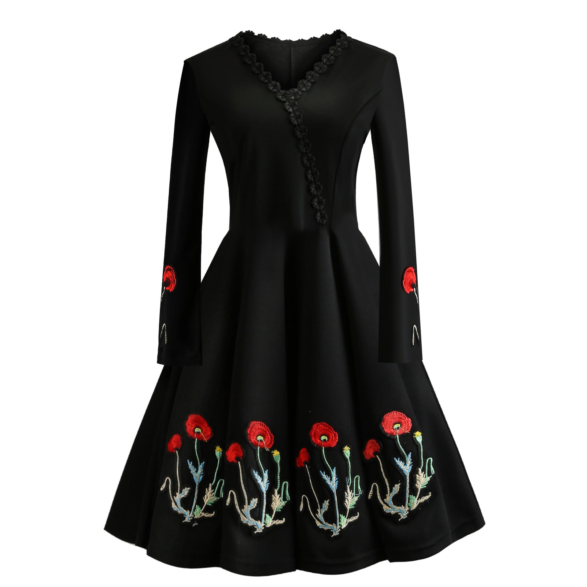 Autumn New Style Long-sleeved V-neck Embroidered Waist Slim Fit Dress