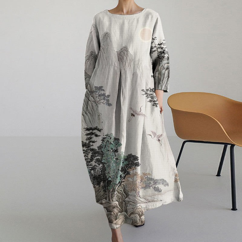 Elegant Retro Printing Crafts Long Sleeve Dress Ladies