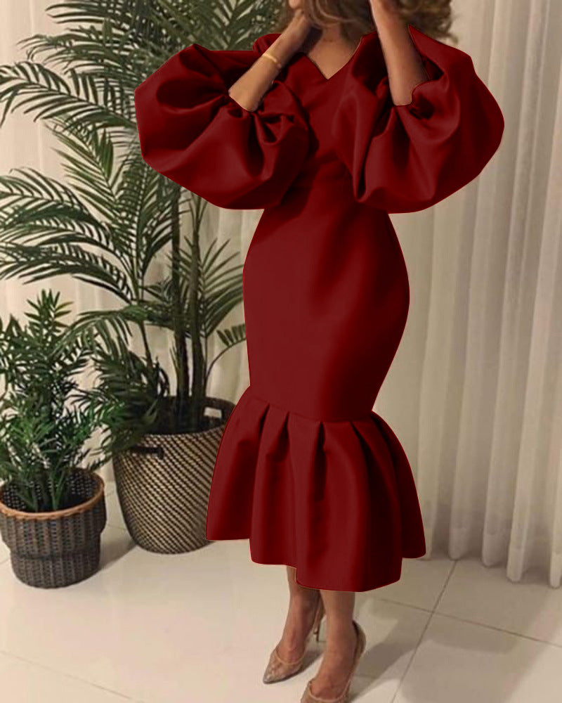 Women's Fashion Solid Color And V-neck Bubble Long Sleeve Fishtail Skirt