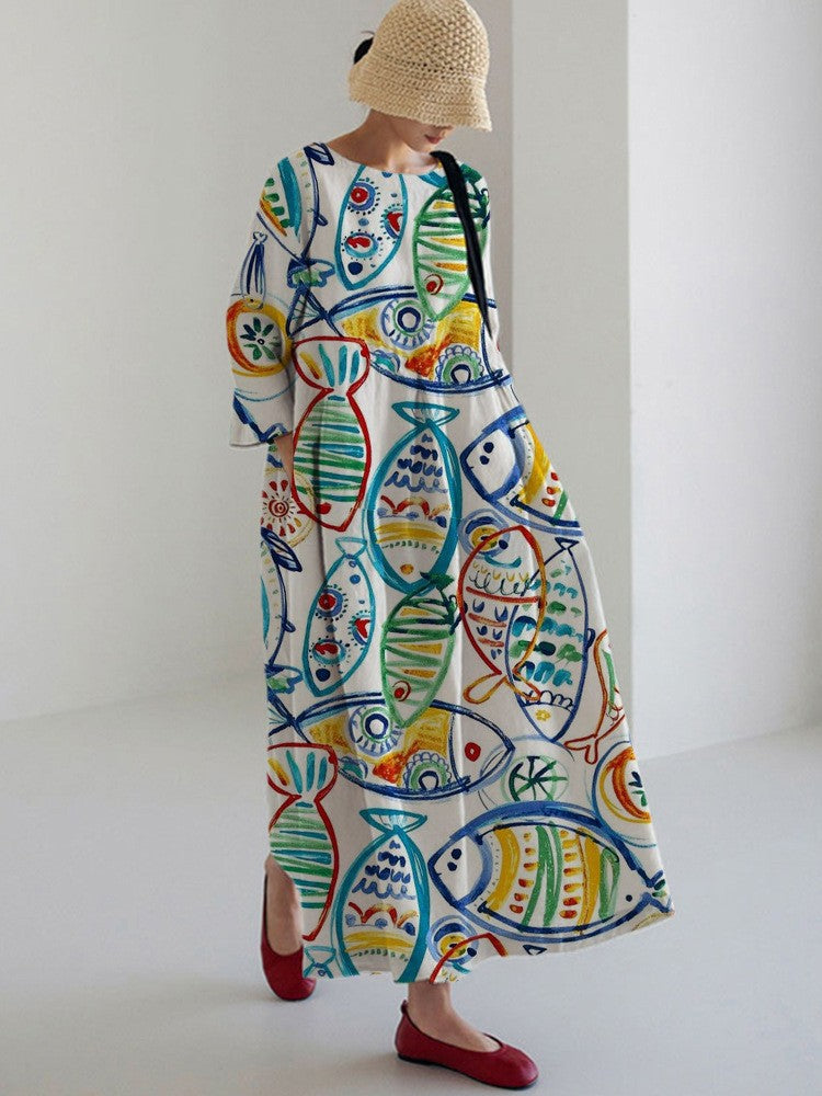 Elegant Retro Printing Crafts Long Sleeve Dress Ladies