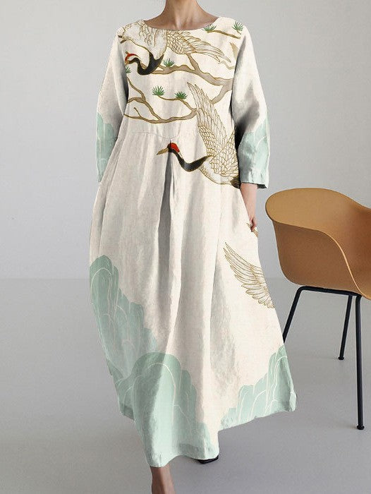 Elegant Retro Printing Crafts Long Sleeve Dress Ladies
