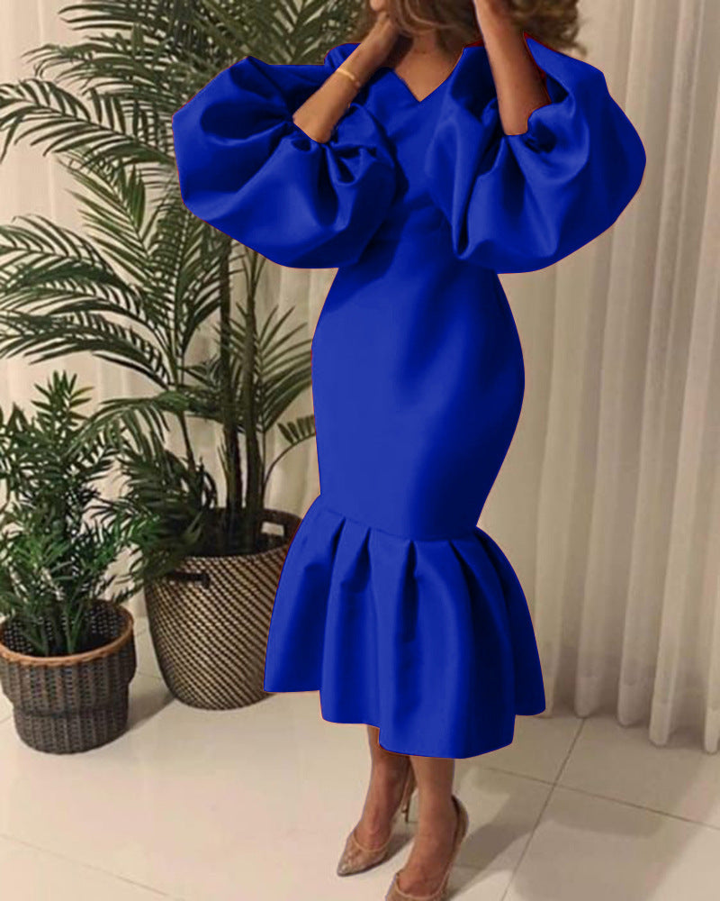 Women's Fashion Solid Color And V-neck Bubble Long Sleeve Fishtail Skirt