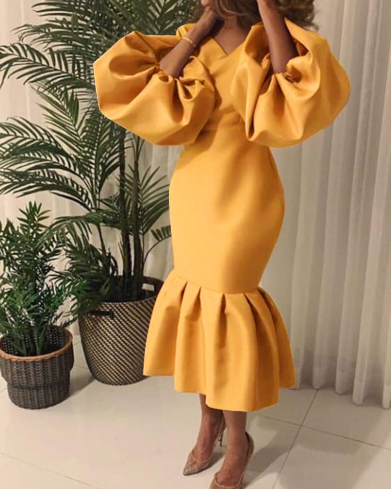 Women's Fashion Solid Color And V-neck Bubble Long Sleeve Fishtail Skirt