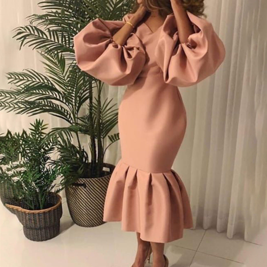 Women's Fashion Solid Color And V-neck Bubble Long Sleeve Fishtail Skirt