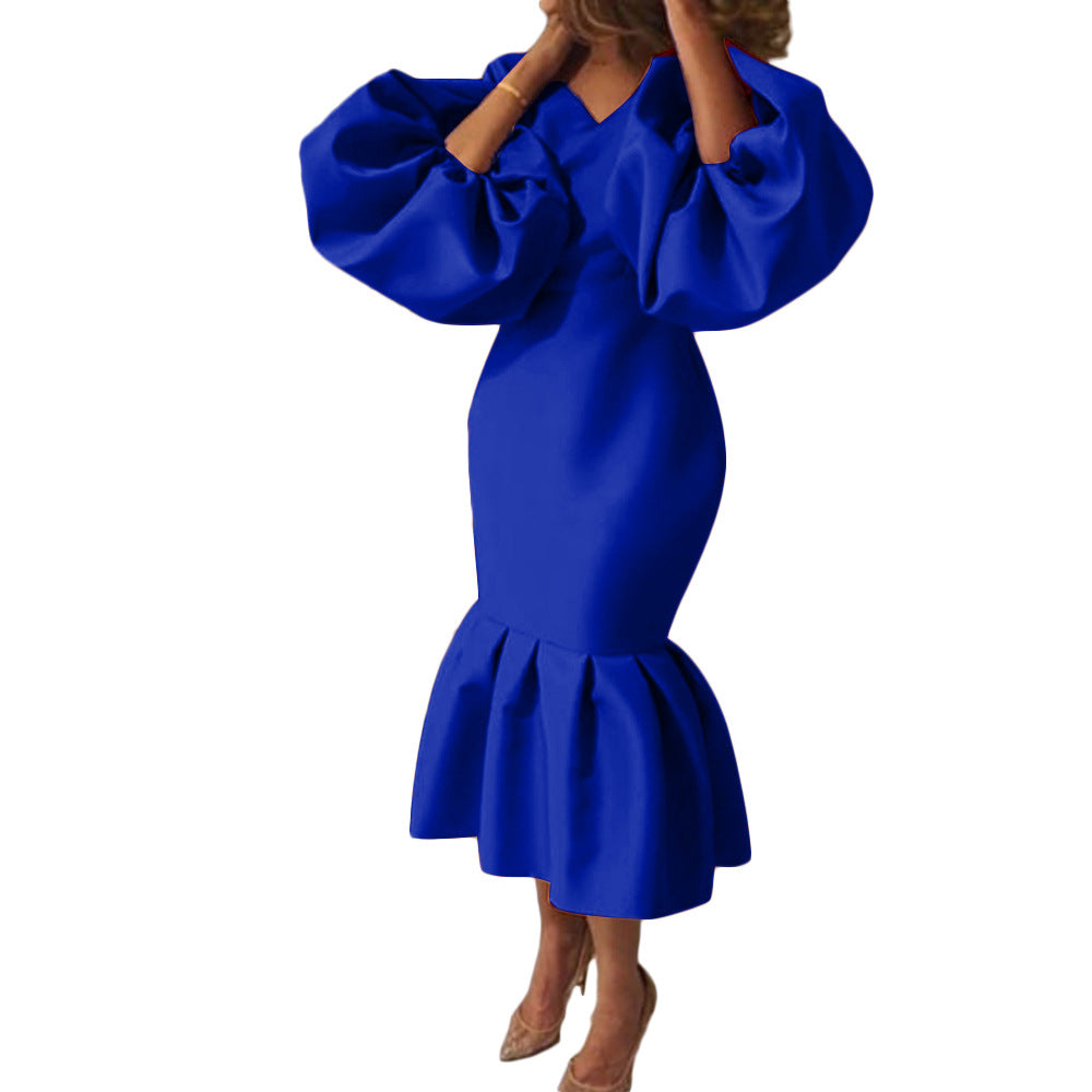 Women's Fashion Solid Color And V-neck Bubble Long Sleeve Fishtail Skirt