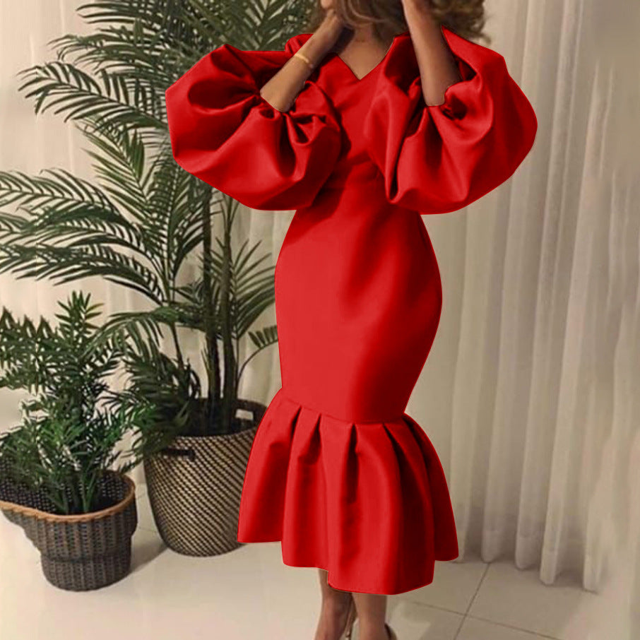 Women's Fashion Solid Color And V-neck Bubble Long Sleeve Fishtail Skirt