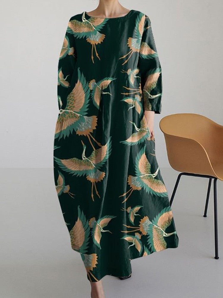 Elegant Retro Printing Crafts Long Sleeve Dress Ladies
