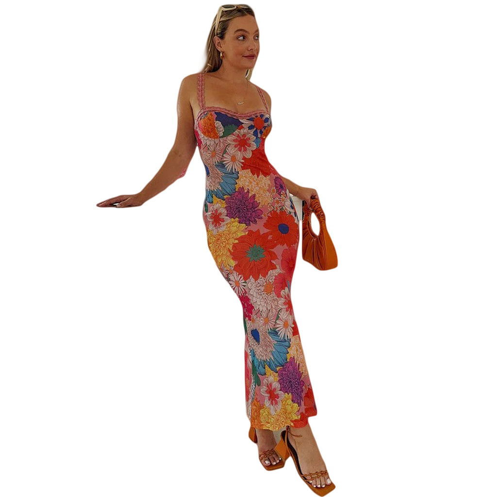 Fashion Casual Off-neck Flower Printing Slip Dress