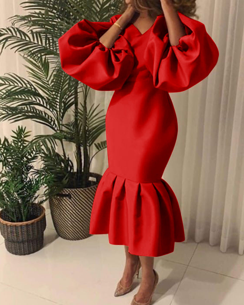 Women's Fashion Solid Color And V-neck Bubble Long Sleeve Fishtail Skirt