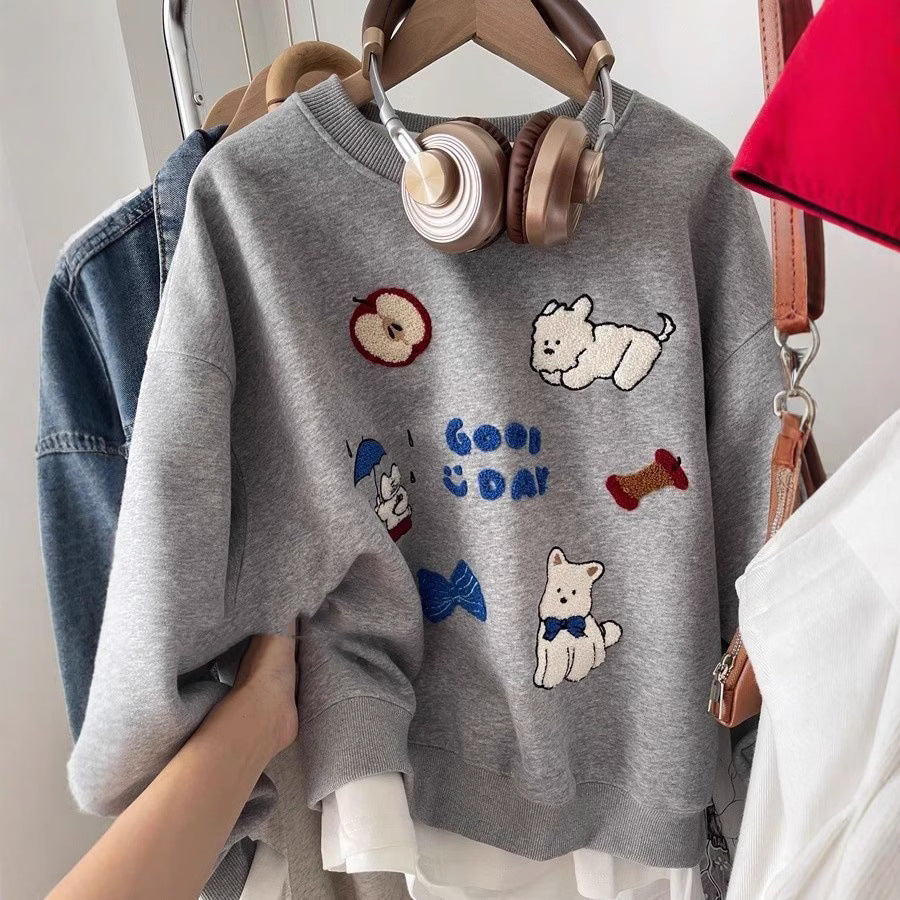New Embroidered Flocking Loose All-match Round Neck Sweater