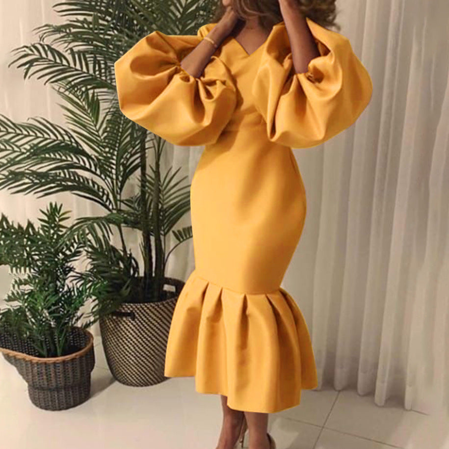 Women's Fashion Solid Color And V-neck Bubble Long Sleeve Fishtail Skirt