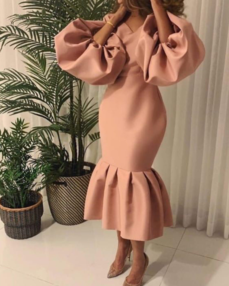 Women's Fashion Solid Color And V-neck Bubble Long Sleeve Fishtail Skirt