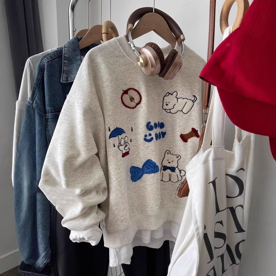 New Embroidered Flocking Loose All-match Round Neck Sweater
