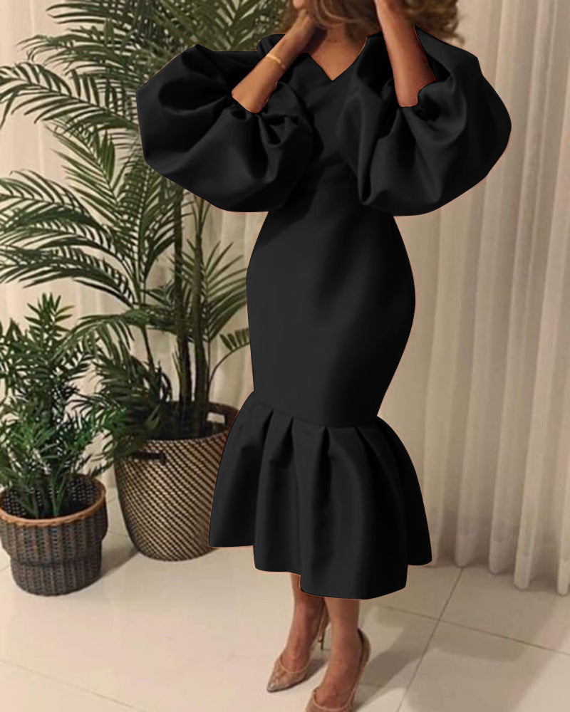 Women's Fashion Solid Color And V-neck Bubble Long Sleeve Fishtail Skirt