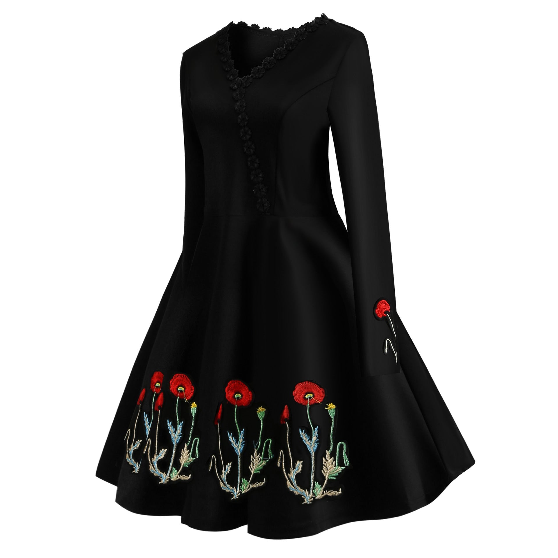 Autumn New Style Long-sleeved V-neck Embroidered Waist Slim Fit Dress
