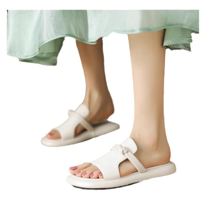 Soft Leather Open Toe Casual Slippers Women