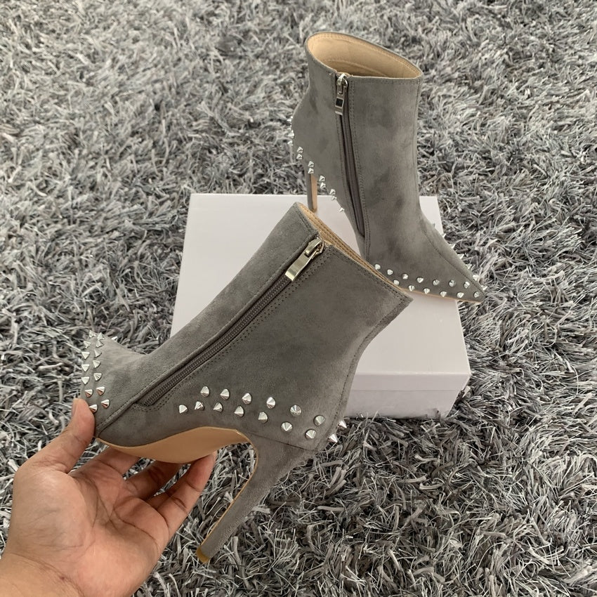 Suede Pointed Gray Rivets Women's Boots Side Zipper British Style Martin Boots