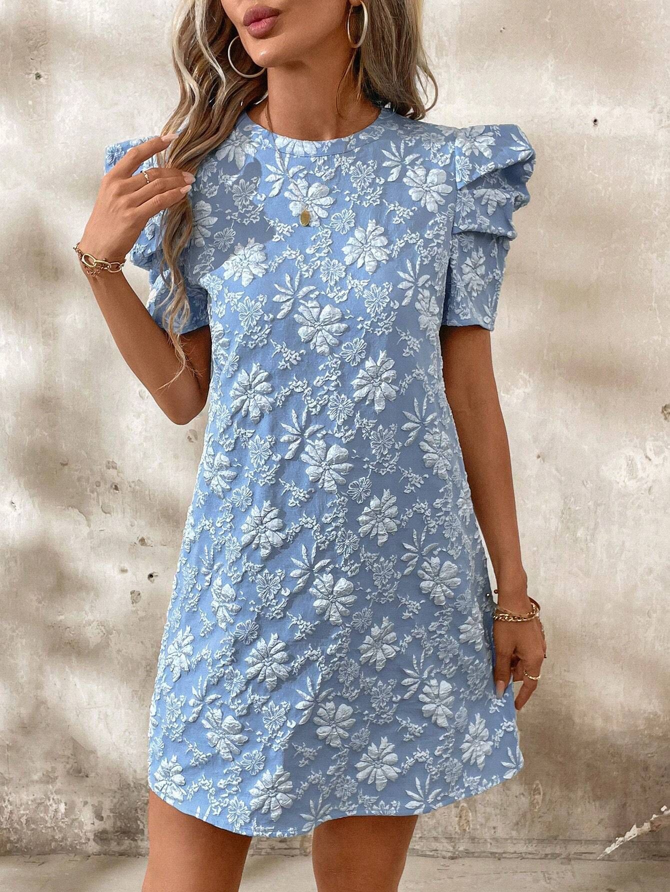 European And American Ladies Puff Sleeve Texture Jacquard Round Neck Retro Style Dress