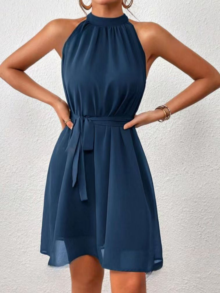 European And American Strapless Solid Color Chiffon High Waist Lace-up Dress Women