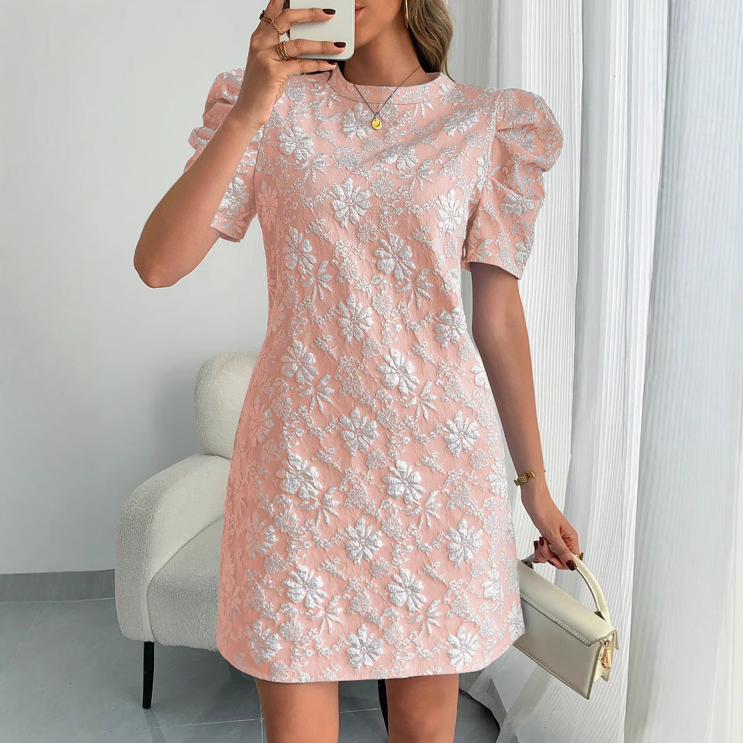 European And American Ladies Puff Sleeve Texture Jacquard Round Neck Retro Style Dress