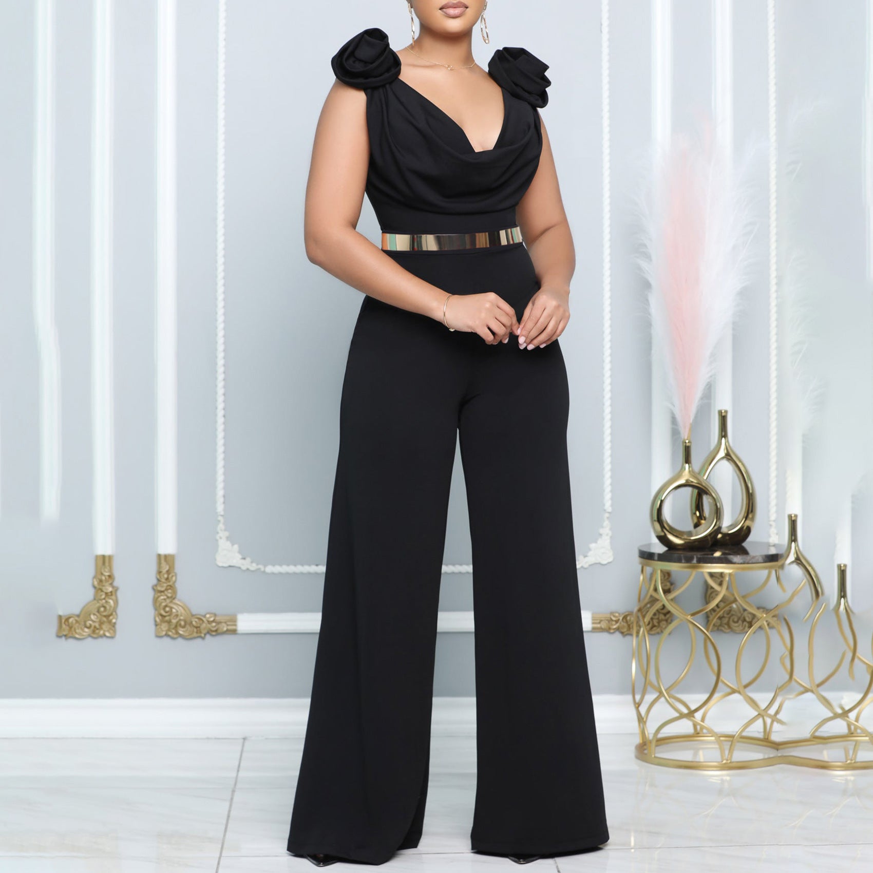 New Fashion V-neck Solid Color Turtleneck Sleeveless Fitted Waist Jumpsuit