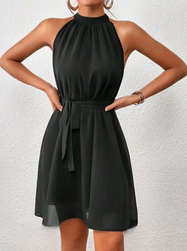 European And American Strapless Solid Color Chiffon High Waist Lace-up Dress Women