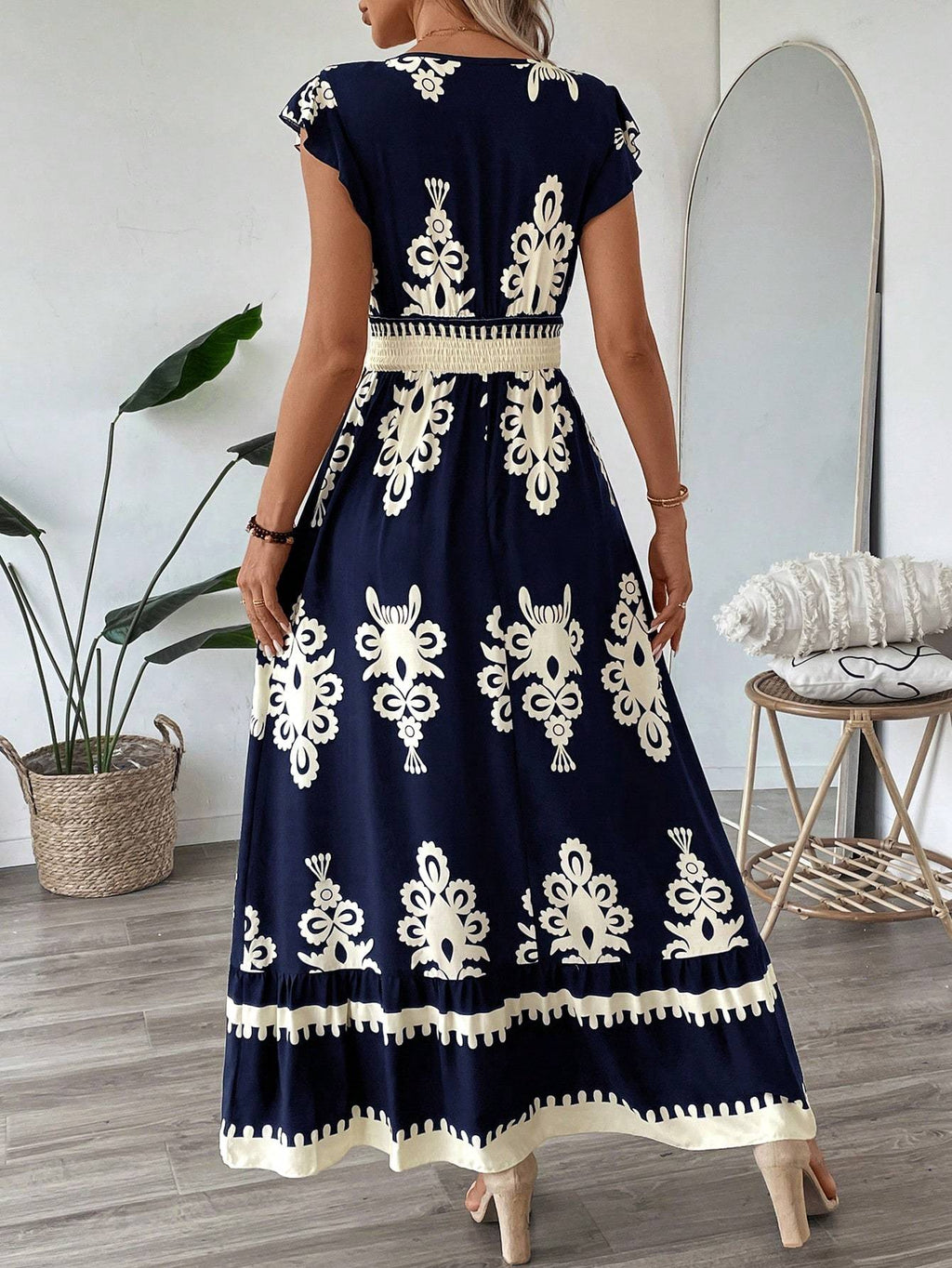 Trim Cap Sleeve Cinched Waist Ruffle Hem A-Line Dress