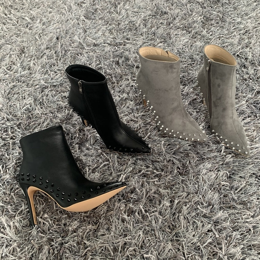 Suede Pointed Gray Rivets Women's Boots Side Zipper British Style Martin Boots